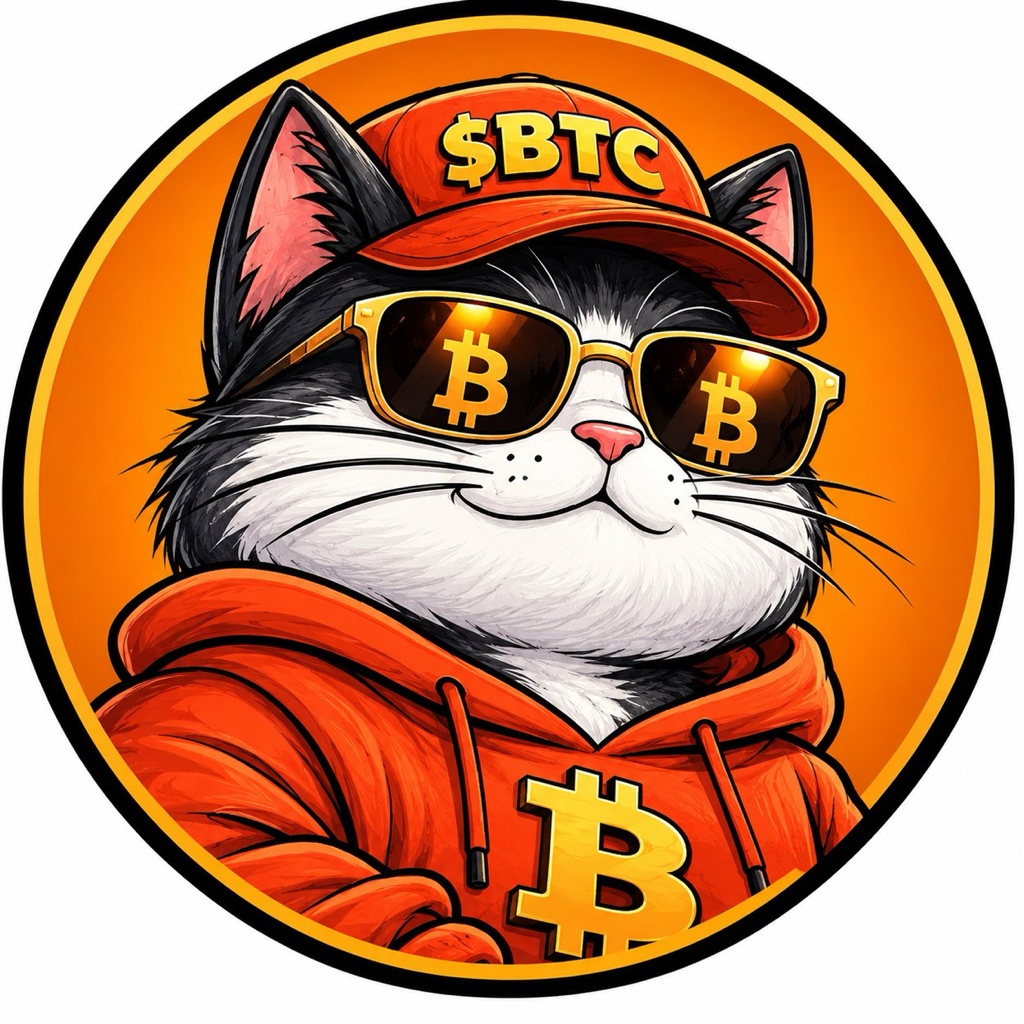 Bitty the Cat — an orange-and-white cat in an orange hoodie, a $BTC cap and Bitcoin sunglasses