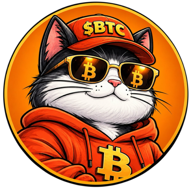 Bitty the Cat — an orange-and-white cat in an orange hoodie, a $BTC cap and Bitcoin sunglasses
