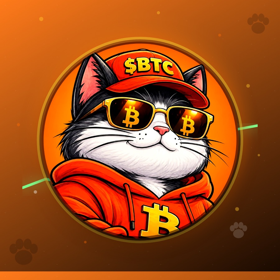 Bitty the Cat in Bitcoin sunglasses with a rising green chart behind him