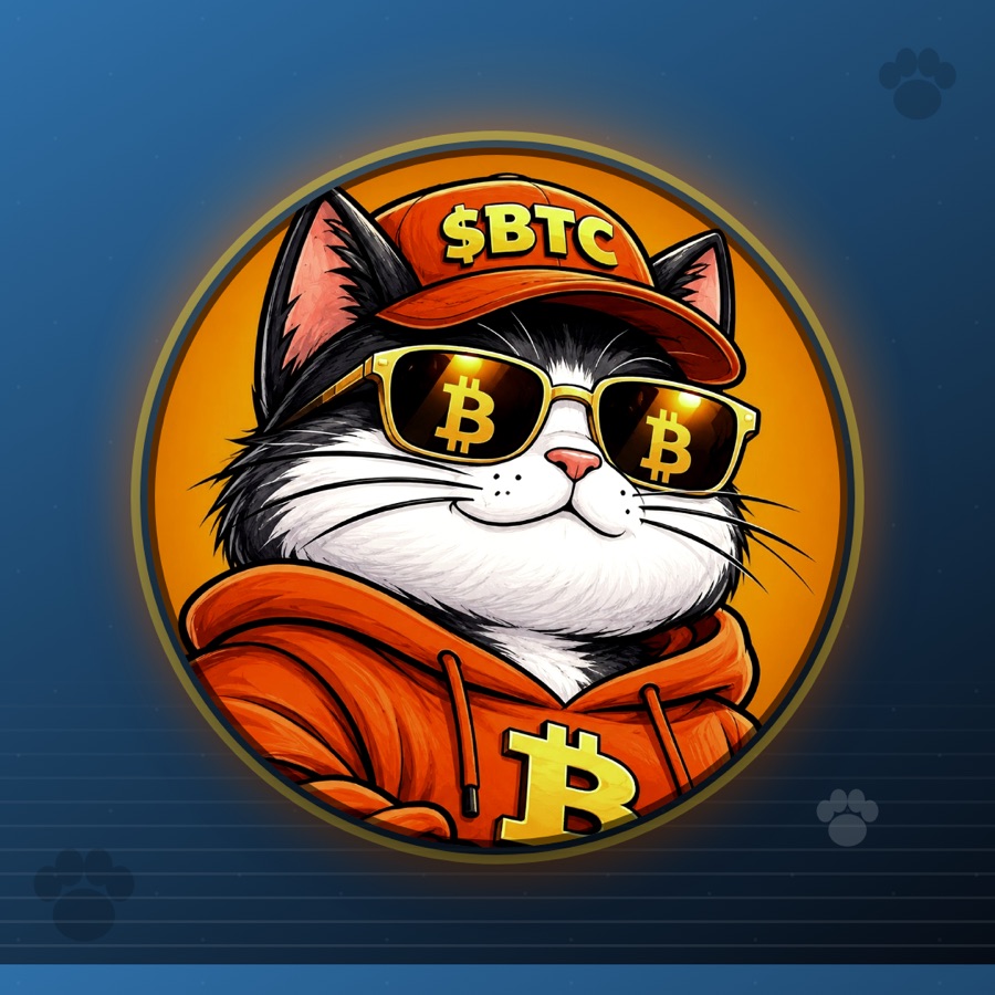 Bitty the Cat on a cool blue background with calm wave lines