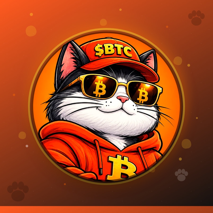 Bitty the Cat surrounded by paw prints on an orange gradient