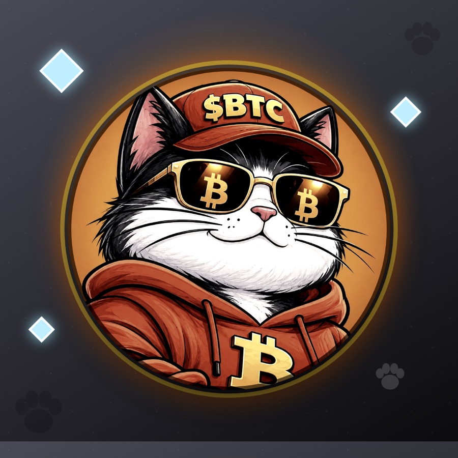 Bitty the Cat surrounded by floating diamonds on a cool grey background