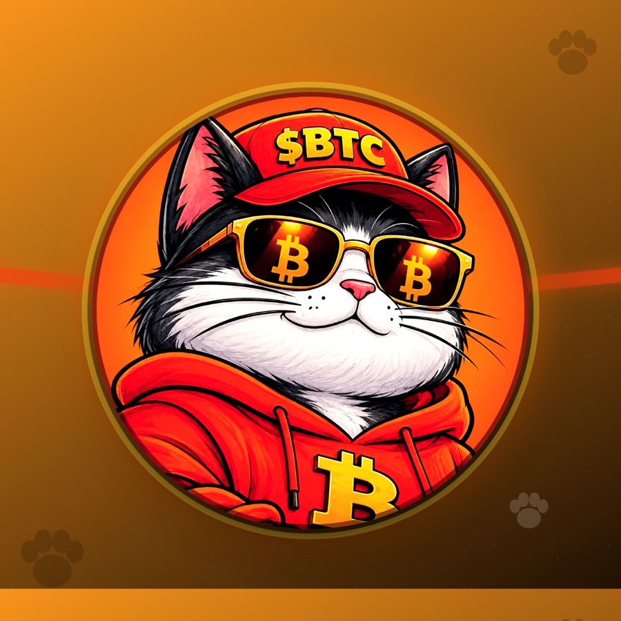 Bitty the Cat with glowing orange laser eyes and Bitcoin energy