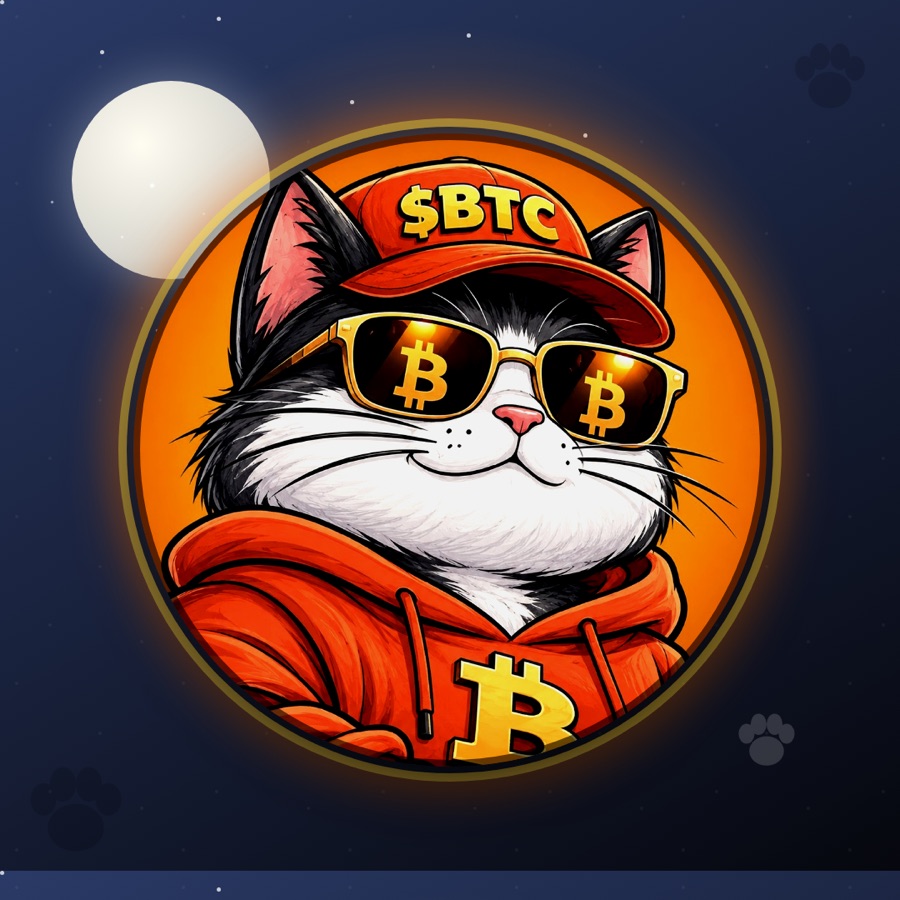Bitty the Cat under a moon and stars on a deep blue night sky