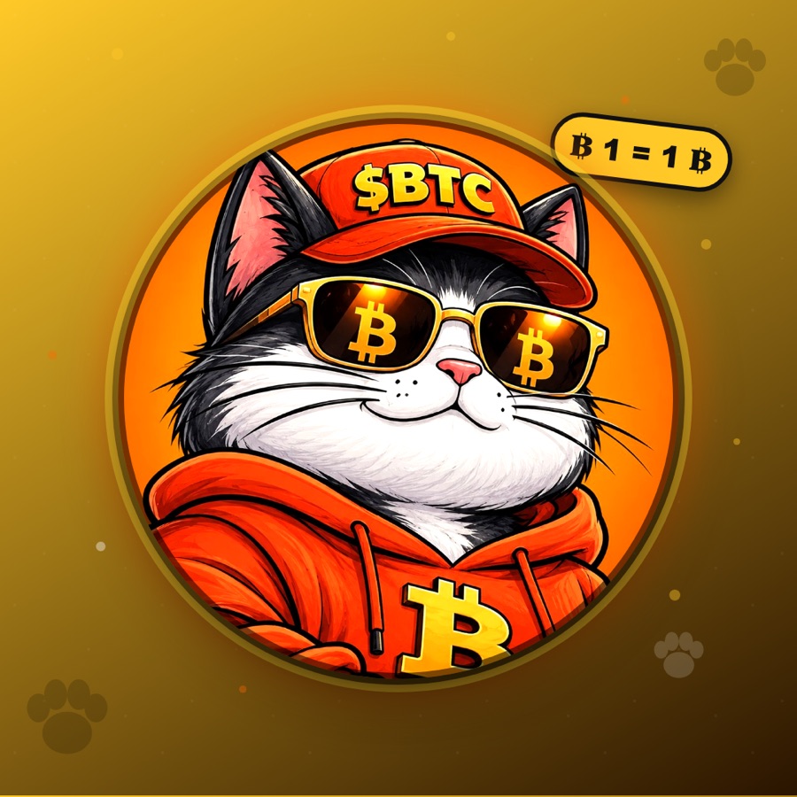 Bitty the Cat with a price tag showing one Bitcoin equals one Bitcoin